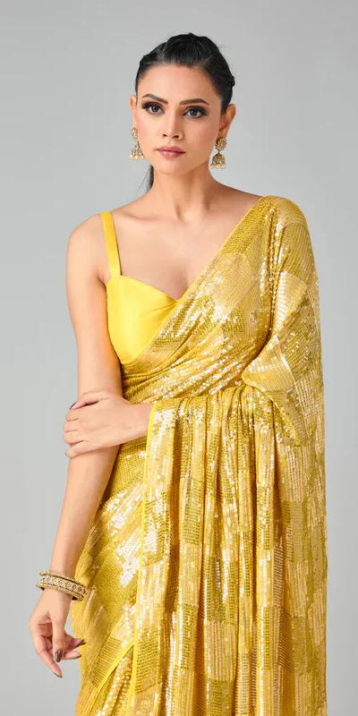 DF 3426 Yellow Color Georgette 5MM Sequins Embroidery Work Saree Casual, Wedding, Festive, Events . Expected Delivery  4-6 Working Days @1749/- only                                                 | Bollywood Sarees, Creative Sarees, Designer Sarees, Embroidered Sarees, Ethnic Saree, Modern Digital sarees, Party Wear Sarees, Sarees