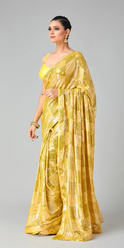 DF 3426 Yellow Color Georgette 5MM Sequins Embroidery Work Saree Casual, Wedding, Festive, Events . Expected Delivery  4-6 Working Days @1749/- only                                                 | Bollywood Sarees, Creative Sarees, Designer Sarees, Embroidered Sarees, Ethnic Saree, Modern Digital sarees, Party Wear Sarees, Sarees