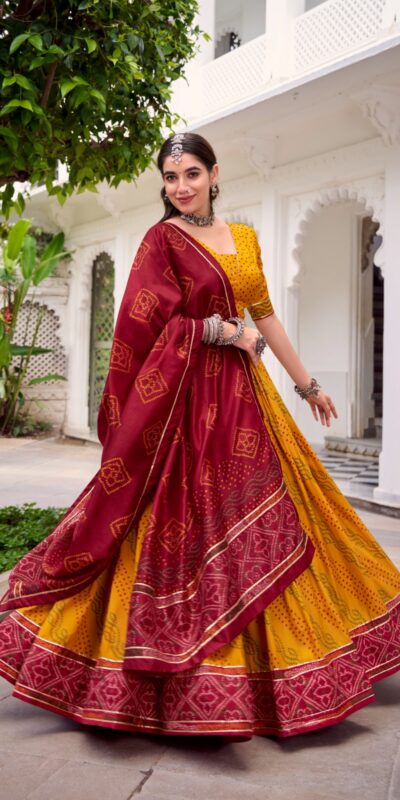 LNB 1250 Yellow Color Tasar Silk Bandhej Print With Gotta Patti Lace Lehenga Choli Festive Party Wedding, Events etc. Delivery 4-6 Working Days @2149/- | Bollywood Lehenga, Creative Lehenga, Designer Lehenga, Embroidered Lehenga, Lehenga, Party Wear Lehenga