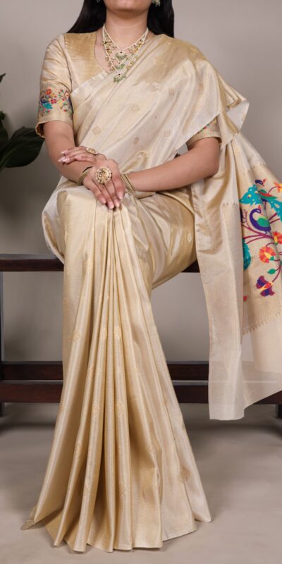YNF 7905 Cream Tissue Paithani with Zari Work Saree .Wedding, Party, Festive, Events, Best Price ₹2399. Delivery 4-6 Working Days. Shop now. | Bollywood Sarees, Creative Sarees, Designer Sarees, Embroidered Sarees, Ethnic Saree, Modern Digital sarees, Party Wear Sarees, Sarees