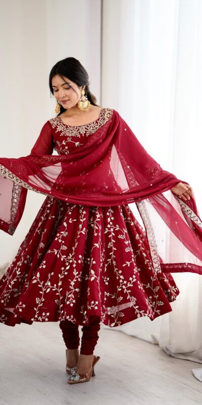 SRK 5299 Maroon Faux Georgette With Sequence Work Perfect for Wedding, Party, Temple Visit, Ganesh Chaturthi Festive, Events, 4-6 Working Days At 2149 | Bollywood Gowns, Creative Gowns, Designer Gowns, Embroidered Gowns, Gowns, Party Wear Gowns