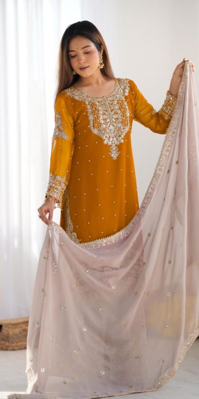SR 1676 Mustard Heavy Faux Georgette With Heavy Embroidery Perfect for Wedding, Party, Ethnic Day, Reception, Diwali 4-6 Working Days At 2049/- Only | Jump Suits, Casual Suits, Creative suits, Designer Suits, Palazzo Suits, Party Wear Suits, Patiala Suits, Salwar suit, Straight Suits