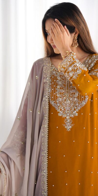 SR 1676 Mustard Heavy Faux Georgette With Heavy Embroidery Perfect for Wedding, Party, Ethnic Day, Reception, Diwali 4-6 Working Days At 2049/- Only | Jump Suits, Casual Suits, Creative suits, Designer Suits, Palazzo Suits, Party Wear Suits, Patiala Suits, Salwar suit, Straight Suits