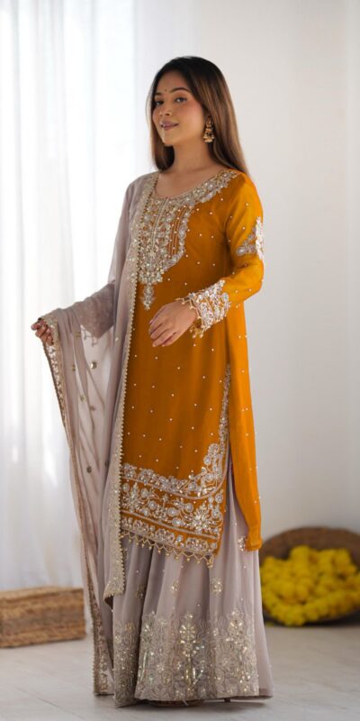 SR 1676 Mustard Heavy Faux Georgette With Heavy Embroidery Perfect for Wedding, Party, Ethnic Day, Reception, Diwali 4-6 Working Days At 2049/- Only | Jump Suits, Casual Suits, Creative suits, Designer Suits, Palazzo Suits, Party Wear Suits, Patiala Suits, Salwar suit, Straight Suits