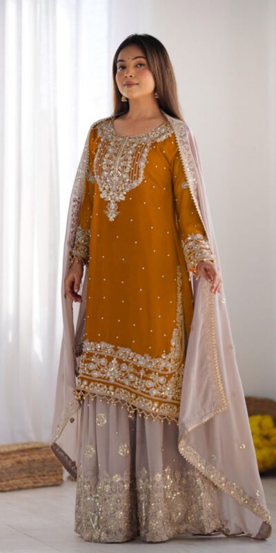 SR 1676 Mustard Heavy Faux Georgette With Heavy Embroidery Perfect for Wedding, Party, Ethnic Day, Reception, Diwali 4-6 Working Days At 2049/- Only | Jump Suits, Casual Suits, Creative suits, Designer Suits, Palazzo Suits, Party Wear Suits, Patiala Suits, Salwar suit, Straight Suits