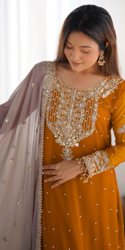 SR 1676 Mustard Heavy Faux Georgette With Heavy Embroidery Perfect for Wedding, Party, Ethnic Day, Reception, Diwali 4-6 Working Days At 2049/- Only | Jump Suits, Casual Suits, Creative suits, Designer Suits, Palazzo Suits, Party Wear Suits, Patiala Suits, Salwar suit, Straight Suits
