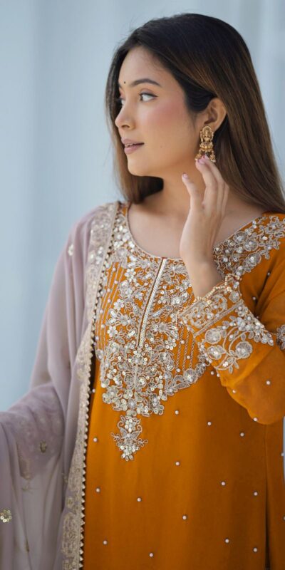 SR 1676 Mustard Heavy Faux Georgette With Heavy Embroidery Perfect for Wedding, Party, Ethnic Day, Reception, Diwali 4-6 Working Days At 2049/- Only | Jump Suits, Casual Suits, Creative suits, Designer Suits, Palazzo Suits, Party Wear Suits, Patiala Suits, Salwar suit, Straight Suits