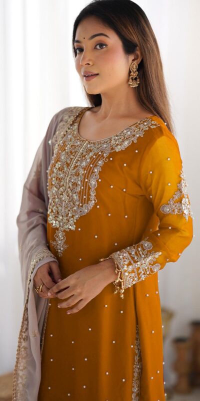 SR 1676 Mustard Heavy Faux Georgette With Heavy Embroidery Perfect for Wedding, Party, Ethnic Day, Reception, Diwali 4-6 Working Days At 2049/- Only | Jump Suits, Casual Suits, Creative suits, Designer Suits, Palazzo Suits, Party Wear Suits, Patiala Suits, Salwar suit, Straight Suits