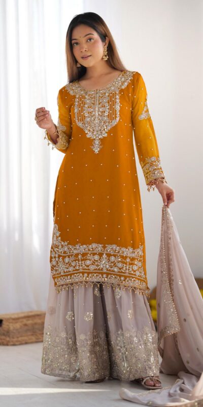 SR 1676 Mustard Heavy Faux Georgette With Heavy Embroidery Perfect for Wedding, Party, Ethnic Day, Reception, Diwali 4-6 Working Days At 2049/- Only | Jump Suits, Casual Suits, Creative suits, Designer Suits, Palazzo Suits, Party Wear Suits, Patiala Suits, Salwar suit, Straight Suits