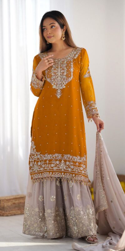SR 1676 Mustard Heavy Faux Georgette With Heavy Embroidery Perfect for Wedding, Party, Ethnic Day, Reception, Diwali 4-6 Working Days At 2049/- Only | Jump Suits, Casual Suits, Creative suits, Designer Suits, Palazzo Suits, Party Wear Suits, Patiala Suits, Salwar suit, Straight Suits