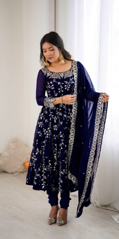 SRK 5299 Navy Blue Faux Georgette With Sequence Work Perfect for Wedding, , Lohri, Temple Visit, Ganesh Chaturthi Festive, Events, 4-6 Working Days At 2149 | Bollywood Gowns, Creative Gowns, Designer Gowns, Embroidered Gowns, Gowns, Party Wear Gowns