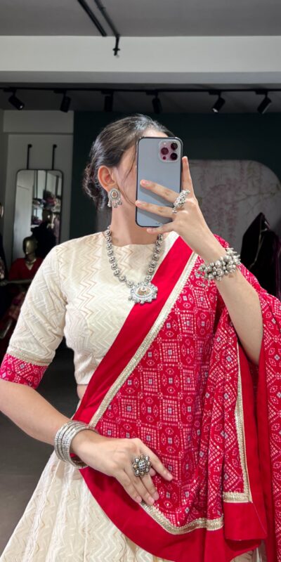 LNB 1669 Off White Cotton Sequins Work & Bandhej Print Lehenga Choli in . Best Price ₹3099. Delivery 4-6 Working Days. Shop now. | Bollywood Lehenga, Creative Lehenga, Designer Lehenga, Embroidered Lehenga, Lehenga, Party Wear Lehenga