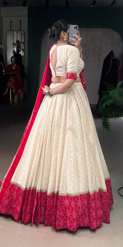 LNB 1669 Off White Cotton Sequins Work & Bandhej Print Lehenga Choli in . Best Price ₹3099. Delivery 4-6 Working Days. Shop now. | Bollywood Lehenga, Creative Lehenga, Designer Lehenga, Embroidered Lehenga, Lehenga, Party Wear Lehenga
