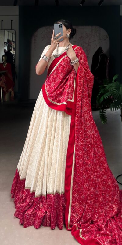 LNB 1669 Off White Cotton Sequins Work & Bandhej Print Lehenga Choli in . Best Price ₹3099. Delivery 4-6 Working Days. Shop now. | Bollywood Lehenga, Creative Lehenga, Designer Lehenga, Embroidered Lehenga, Lehenga, Party Wear Lehenga