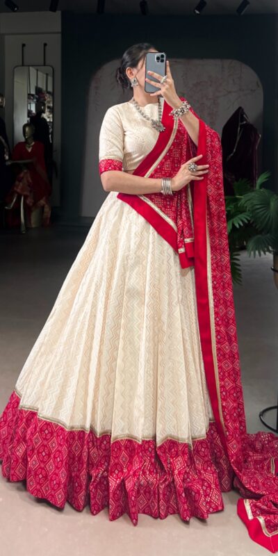 LNB 1669 Off White Cotton Sequins Work & Bandhej Print Lehenga Choli in . Best Price ₹3099. Delivery 4-6 Working Days. Shop now. | Bollywood Lehenga, Creative Lehenga, Designer Lehenga, Embroidered Lehenga, Lehenga, Party Wear Lehenga