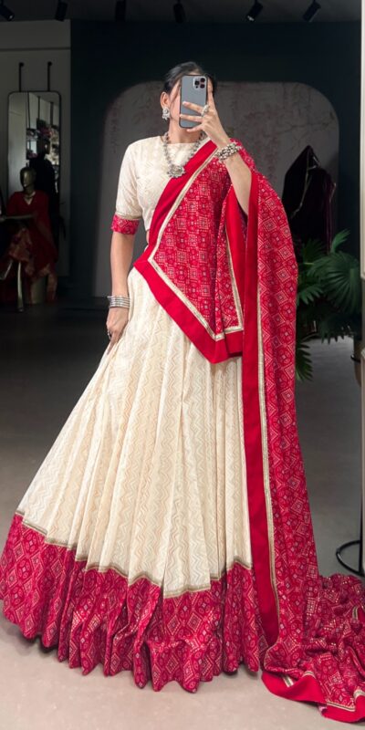 LNB 1669 Off White Cotton Sequins Work & Bandhej Print Lehenga Choli in . Best Price ₹3099. Delivery 4-6 Working Days. Shop now. | Bollywood Lehenga, Creative Lehenga, Designer Lehenga, Embroidered Lehenga, Lehenga, Party Wear Lehenga