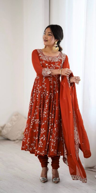 SRK 5299 Orange Georgette With Sequence Work Perfect for Wedding, Party, Lohri, Temple Visit, Ganesh Chaturthi Festive, Events, 4-6 Working Days At 2149 | Bollywood Gowns, Creative Gowns, Designer Gowns, Embroidered Gowns, Gowns, Party Wear Gowns