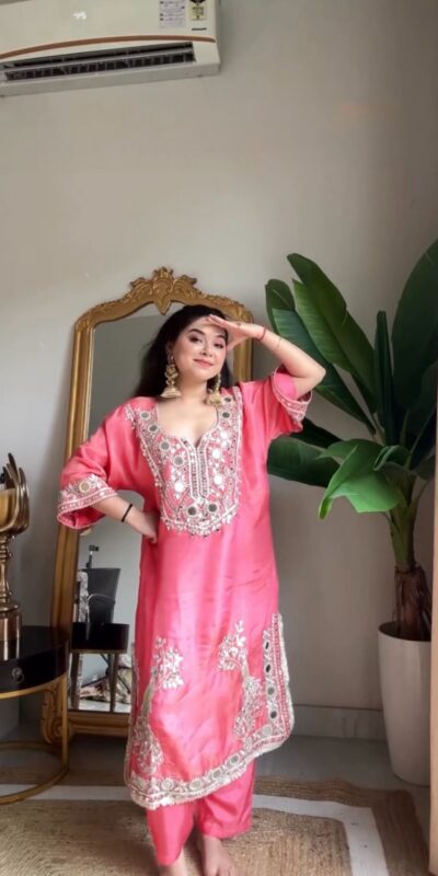 RTC 5919 Peach Roman Silk With Mirror Work Salwar Suit Wedding, Party, Festive, Events, Navratri Garba, Introductory Price ₹2099. Delivery 4-6 Working Days. | Jump Suits, Tops & Bottoms, Track Suits, Trendy Wear, Casual Suits, Creative suits, Designer Suits, Palazzo Suits, Party Wear Suits, Patiala Suits, Salwar suit, Straight Suits