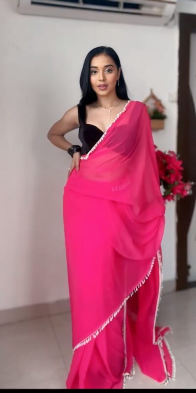 SC 239 Pink Georgette With Lace Work & Lace Border Saree . Wedding, Party, Festive, Events, Exclusive Offer ₹1599. Delivery 4-6 Working Days. Shop now. | Bollywood Sarees, Creative Sarees, Designer Sarees, Embroidered Sarees, Ethnic Saree, Modern Digital sarees, Party Wear Sarees, Sarees
