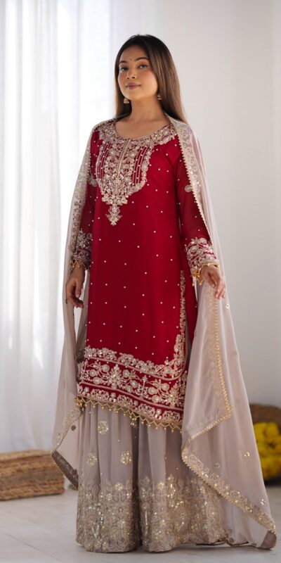 SR 1676 Red Heavy Faux Georgette With Heavy Embroidery Perfect for Wedding, Party, Ethnic Day, Reception, Diwali 4-6 Working Days At 2049/- Only | Jump Suits, Casual Suits, Creative suits, Designer Suits, Palazzo Suits, Party Wear Suits, Patiala Suits, Salwar suit, Straight Suits