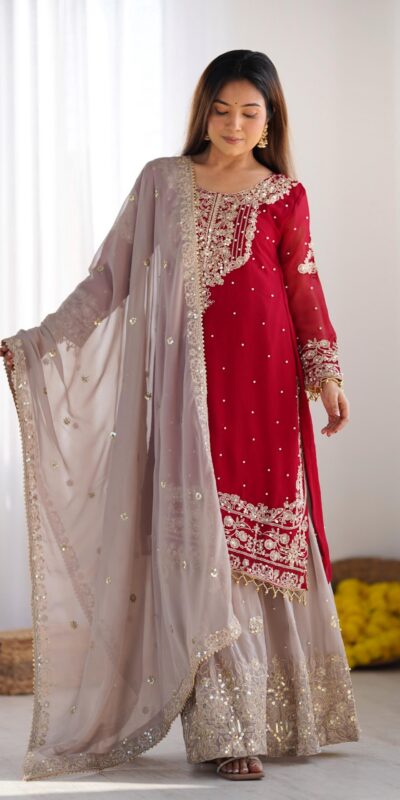 SR 1676 Red Heavy Faux Georgette With Heavy Embroidery Perfect for Wedding, Party, Ethnic Day, Reception, Diwali 4-6 Working Days At 2049/- Only | Jump Suits, Casual Suits, Creative suits, Designer Suits, Palazzo Suits, Party Wear Suits, Patiala Suits, Salwar suit, Straight Suits