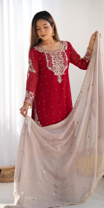 SR 1676 Red Heavy Faux Georgette With Heavy Embroidery Perfect for Wedding, Party, Ethnic Day, Reception, Diwali 4-6 Working Days At 2049/- Only | Jump Suits, Casual Suits, Creative suits, Designer Suits, Palazzo Suits, Party Wear Suits, Patiala Suits, Salwar suit, Straight Suits