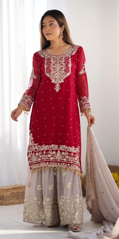 SR 1676 Red Heavy Faux Georgette With Heavy Embroidery Perfect for Wedding, Party, Ethnic Day, Reception, Diwali 4-6 Working Days At 2049/- Only | Jump Suits, Casual Suits, Creative suits, Designer Suits, Palazzo Suits, Party Wear Suits, Patiala Suits, Salwar suit, Straight Suits