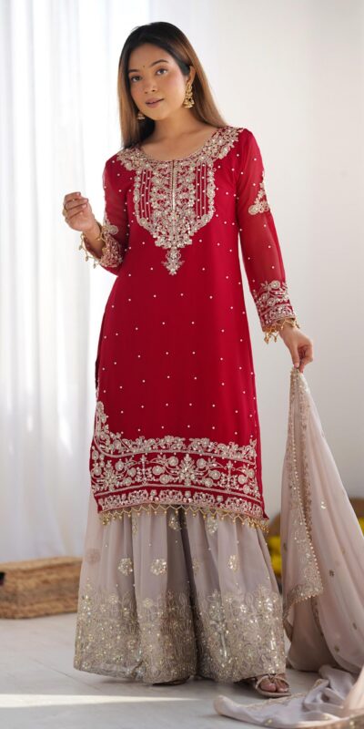 SR 1676 Red Heavy Faux Georgette With Heavy Embroidery Perfect for Wedding, Party, Ethnic Day, Reception, Diwali 4-6 Working Days At 2049/- Only | Jump Suits, Casual Suits, Creative suits, Designer Suits, Palazzo Suits, Party Wear Suits, Patiala Suits, Salwar suit, Straight Suits