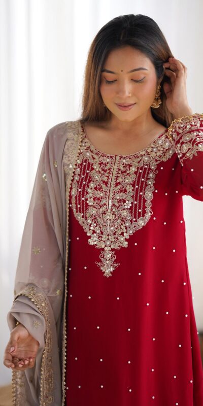 SR 1676 Red Heavy Faux Georgette With Heavy Embroidery Perfect for Wedding, Party, Ethnic Day, Reception, Diwali 4-6 Working Days At 2049/- Only | Jump Suits, Casual Suits, Creative suits, Designer Suits, Palazzo Suits, Party Wear Suits, Patiala Suits, Salwar suit, Straight Suits
