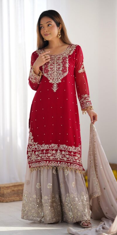 SR 1676 Red Heavy Faux Georgette With Heavy Embroidery Perfect for Wedding, Party, Ethnic Day, Reception, Diwali 4-6 Working Days At 2049/- Only | Jump Suits, Casual Suits, Creative suits, Designer Suits, Palazzo Suits, Party Wear Suits, Patiala Suits, Salwar suit, Straight Suits