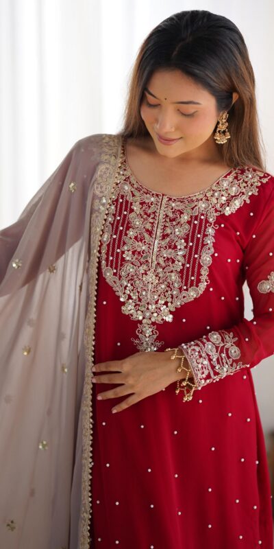 SR 1676 Red Heavy Faux Georgette With Heavy Embroidery Perfect for Wedding, Party, Ethnic Day, Reception, Diwali 4-6 Working Days At 2049/- Only | Jump Suits, Casual Suits, Creative suits, Designer Suits, Palazzo Suits, Party Wear Suits, Patiala Suits, Salwar suit, Straight Suits