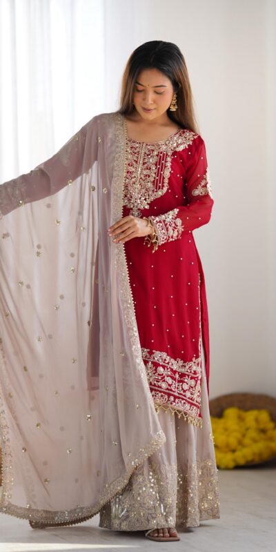 SR 1676 Red Heavy Faux Georgette With Heavy Embroidery Perfect for Wedding, Party, Ethnic Day, Reception, Diwali 4-6 Working Days At 2049/- Only | Jump Suits, Casual Suits, Creative suits, Designer Suits, Palazzo Suits, Party Wear Suits, Patiala Suits, Salwar suit, Straight Suits