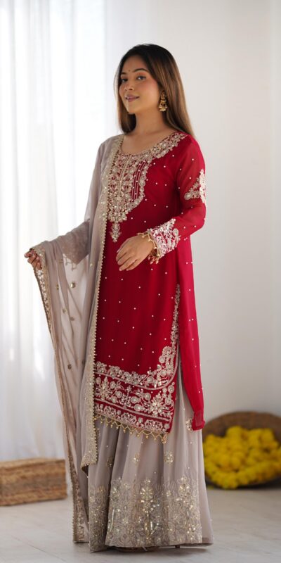 SR 1676 Red Heavy Faux Georgette With Heavy Embroidery Perfect for Wedding, Party, Ethnic Day, Reception, Diwali 4-6 Working Days At 2049/- Only | Jump Suits, Casual Suits, Creative suits, Designer Suits, Palazzo Suits, Party Wear Suits, Patiala Suits, Salwar suit, Straight Suits