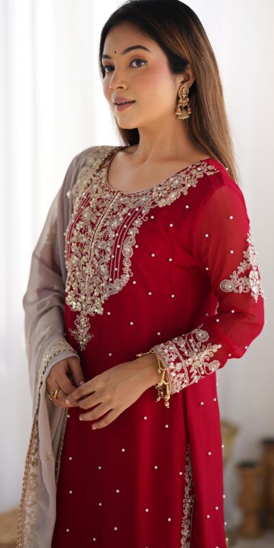 SR 1676 Red Heavy Faux Georgette With Heavy Embroidery Perfect for Wedding, Party, Ethnic Day, Reception, Diwali 4-6 Working Days At 2049/- Only | Jump Suits, Casual Suits, Creative suits, Designer Suits, Palazzo Suits, Party Wear Suits, Patiala Suits, Salwar suit, Straight Suits