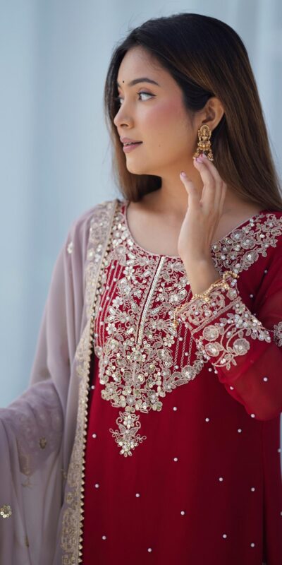 SR 1676 Red Heavy Faux Georgette With Heavy Embroidery Perfect for Wedding, Party, Ethnic Day, Reception, Diwali 4-6 Working Days At 2049/- Only | Jump Suits, Casual Suits, Creative suits, Designer Suits, Palazzo Suits, Party Wear Suits, Patiala Suits, Salwar suit, Straight Suits