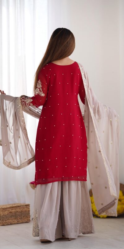 SR 1676 Red Heavy Faux Georgette With Heavy Embroidery Perfect for Wedding, Party, Ethnic Day, Reception, Diwali 4-6 Working Days At 2049/- Only | Jump Suits, Casual Suits, Creative suits, Designer Suits, Palazzo Suits, Party Wear Suits, Patiala Suits, Salwar suit, Straight Suits