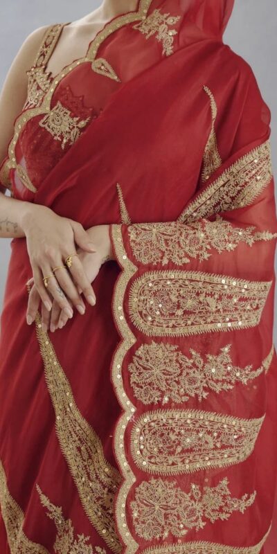 DF Queen Red Organza Tissue Saree with Sequins Work & Embroidery. Festive Deal ₹2499. Delivery 4-6 Working Days. Shop now. | Bollywood Sarees, Creative Sarees, Designer Sarees, Embroidered Sarees, Ethnic Saree, Modern Digital sarees, Party Wear Sarees, Sarees