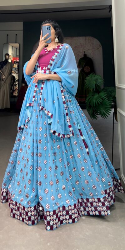 Choli LNB 1733 Sky Blue Georgette Mirror Work & Embroidery Work Lehenga in . Now at just ₹1999. Delivery 4-6 Working Days. Shop now. | Bollywood Lehenga, Creative Lehenga, Designer Lehenga, Embroidered Lehenga, Lehenga, Party Wear Lehenga