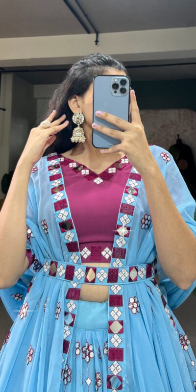 Choli LNB 1733 Sky Blue Georgette Mirror Work & Embroidery Work Lehenga in . Now at just ₹1999. Delivery 4-6 Working Days. Shop now. | Bollywood Lehenga, Creative Lehenga, Designer Lehenga, Embroidered Lehenga, Lehenga, Party Wear Lehenga