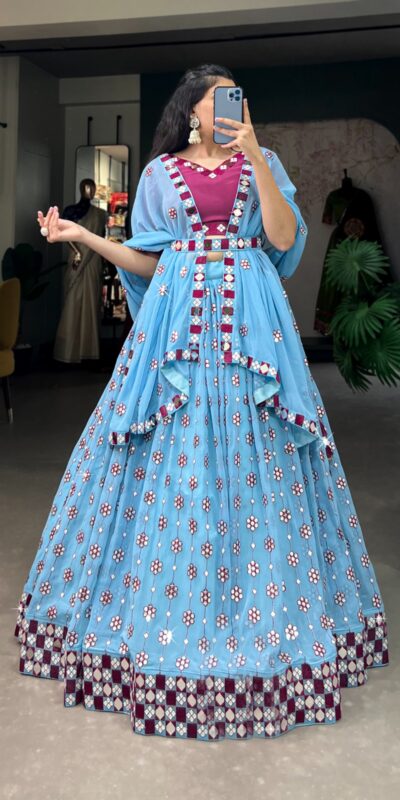 Choli LNB 1733 Sky Blue Georgette Mirror Work & Embroidery Work Lehenga in . Now at just ₹1999. Delivery 4-6 Working Days. Shop now. | Bollywood Lehenga, Creative Lehenga, Designer Lehenga, Embroidered Lehenga, Lehenga, Party Wear Lehenga