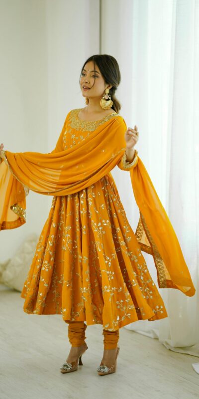 SRK 5299 Yellow Faux Georgette With Sequence Work Perfect for Wedding, Party, Temple Visit, Ganesh Chaturthi Festive, Events, 4-6 Working Days At 2149 | Bollywood Gowns, Creative Gowns, Designer Gowns, Embroidered Gowns, Gowns, Party Wear Gowns