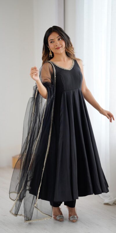 KB 285 Black in Roman Silk Chanderi Mirror Work & Lace Work Gown . Best Price ₹1929. Delivery 4-6 Working Days. Shop now. | Designer Suits, Jump Suits, Casual Suits, Creative suits, Palazzo Suits, Party Wear Suits, Patiala Suits, Salwar suit, Straight Suits