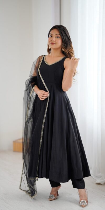 KB 285 Black in Roman Silk Chanderi Mirror Work & Lace Work Gown . Best Price ₹1929. Delivery 4-6 Working Days. Shop now. | Designer Suits, Jump Suits, Casual Suits, Creative suits, Palazzo Suits, Party Wear Suits, Patiala Suits, Salwar suit, Straight Suits