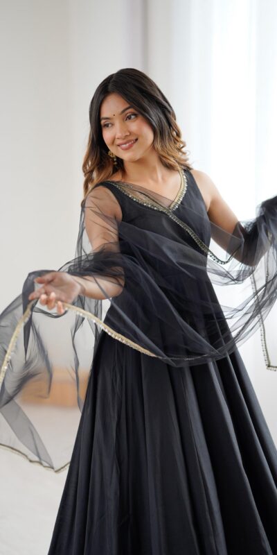KB 285 Black in Roman Silk Chanderi Mirror Work & Lace Work Gown . Best Price ₹1929. Delivery 4-6 Working Days. Shop now. | Designer Suits, Jump Suits, Casual Suits, Creative suits, Palazzo Suits, Party Wear Suits, Patiala Suits, Salwar suit, Straight Suits
