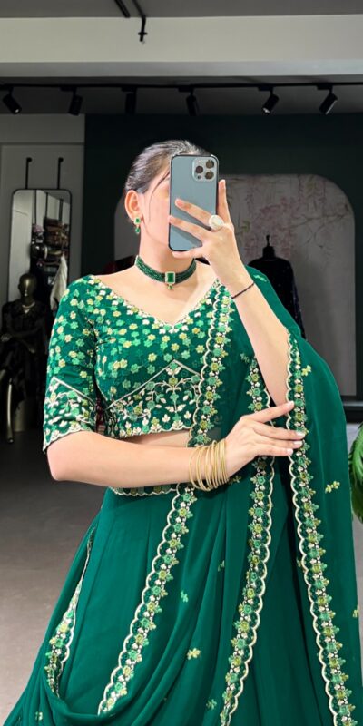 LNB 1447 Dark Green in Georgette Embroidery Work Lehenga Choli . Festive Deal ₹3299. Delivery 4-6 Working Days. Shop now. | Bollywood Lehenga, Creative Lehenga, Designer Lehenga, Embroidered Lehenga, Lehenga, Party Wear Lehenga