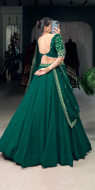 LNB 1447 Dark Green in Georgette Embroidery Work Lehenga Choli . Festive Deal ₹3299. Delivery 4-6 Working Days. Shop now. | Bollywood Lehenga, Creative Lehenga, Designer Lehenga, Embroidered Lehenga, Lehenga, Party Wear Lehenga