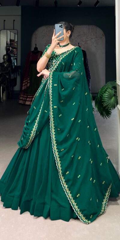 LNB 1447 Dark Green in Georgette Embroidery Work Lehenga Choli . Festive Deal ₹3299. Delivery 4-6 Working Days. Shop now. | Bollywood Lehenga, Creative Lehenga, Designer Lehenga, Embroidered Lehenga, Lehenga, Party Wear Lehenga
