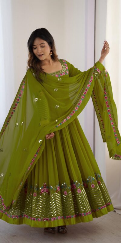 ZF 5010 Green Georgette Gown Perfect for Wedding, Party, Pooja, Ethnic Day, Karwa Chauth – . Best Price ₹2049. Delivery 4-6 Working Days. Shop now. | Designer Suits, Jump Suits, Casual Suits, Creative suits, Palazzo Suits, Party Wear Suits, Patiala Suits, Salwar suit, Straight Suits