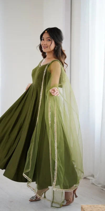 KB 285 Mahendi in Roman Silk Chanderi Mirror Work & Lace Work Gown . Best Price ₹1929. Delivery 4-6 Working Days. Shop now. | Designer Suits, Jump Suits, Casual Suits, Creative suits, Palazzo Suits, Party Wear Suits, Patiala Suits, Salwar suit, Straight Suits