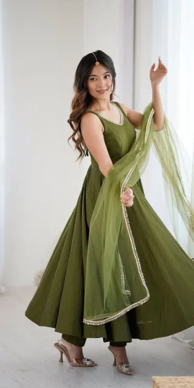 KB 285 Mahendi in Roman Silk Chanderi Mirror Work & Lace Work Gown . Best Price ₹1929. Delivery 4-6 Working Days. Shop now. | Designer Suits, Jump Suits, Casual Suits, Creative suits, Palazzo Suits, Party Wear Suits, Patiala Suits, Salwar suit, Straight Suits